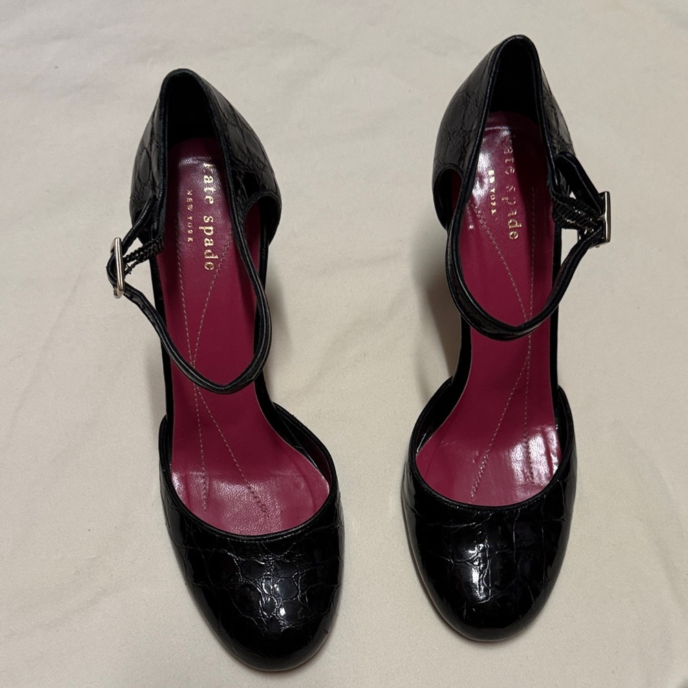 kate spade Black Patent Croc-Embossed Mary Jane Heels with Pink Insole